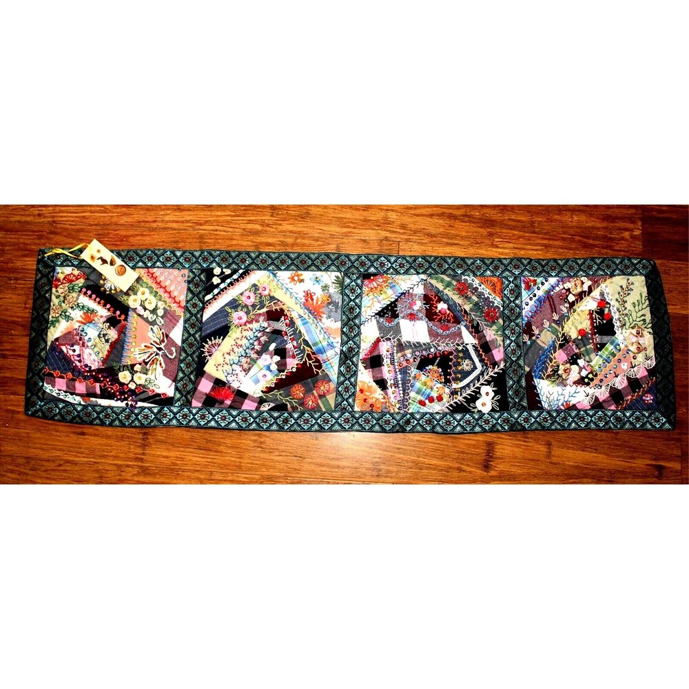 Handmade OOAK Crazy Quilt Embroidered Table Runner Sequined Beaded 41" x 11" #03